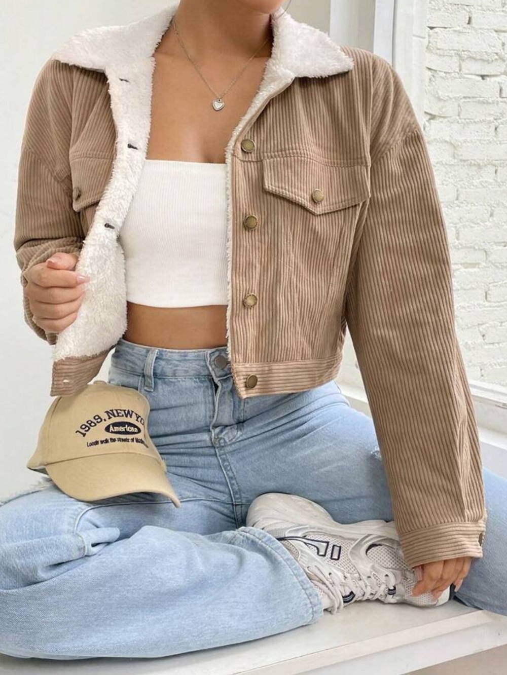 Cropped Teddy-Lined Corduroy Jacket - Beige